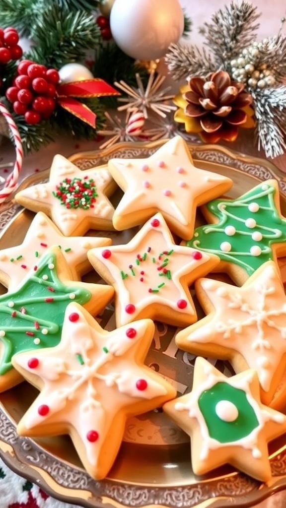 Classic Christmas Sugar Cookies Recipe A plate of decorated Christmas sugar cookies in festive shapes with colorful icing and sprinkles.
